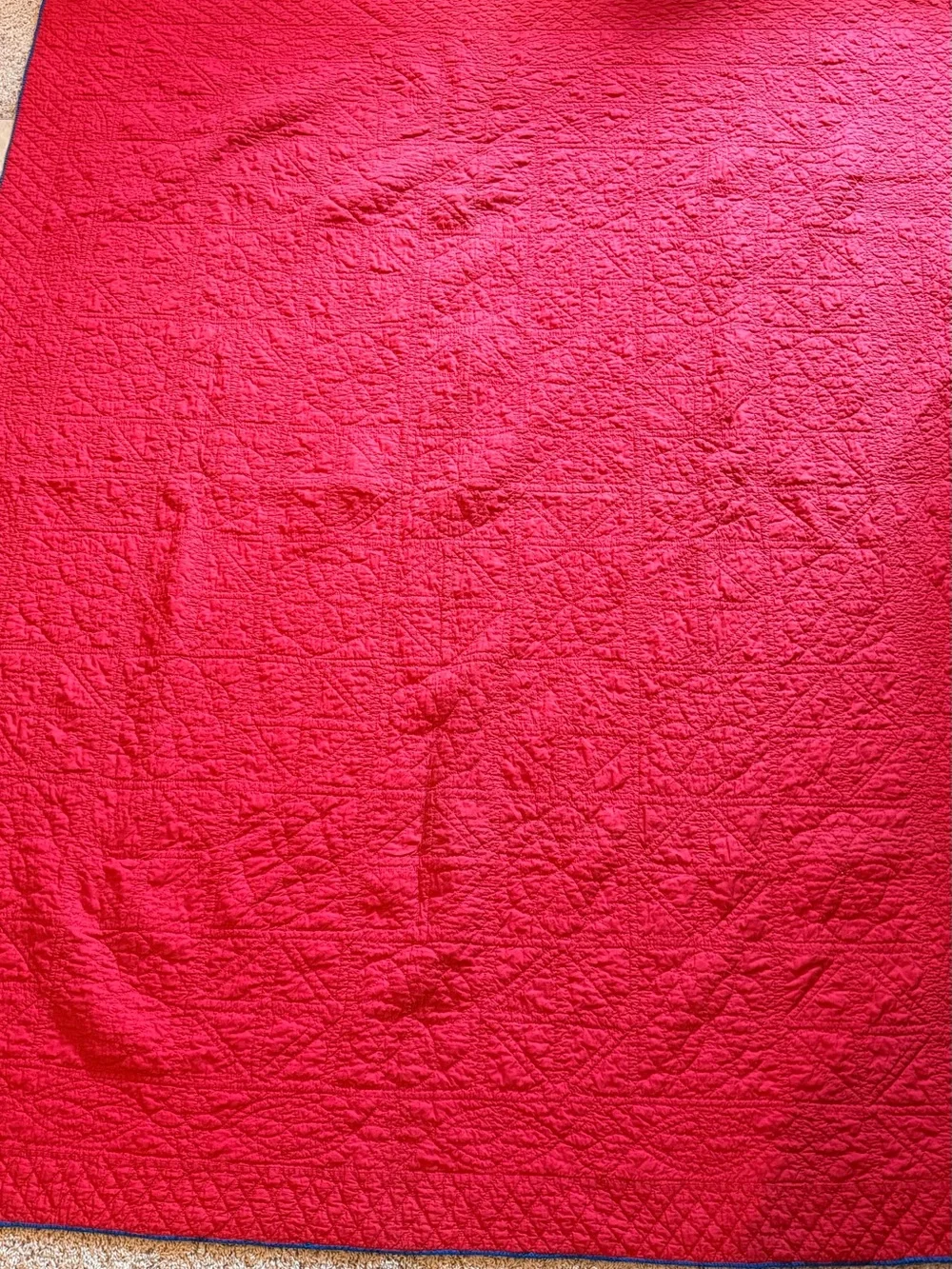 Vintage Antique Red and Cream Hand Sewn Patchwork Quilt with Blue Border